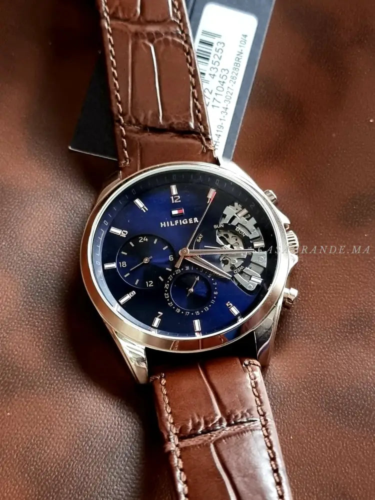 Tommy Hilfiger Mens Quartz Brown Leather Strap Blue Dial 44Mm Watch 1710453 Watches